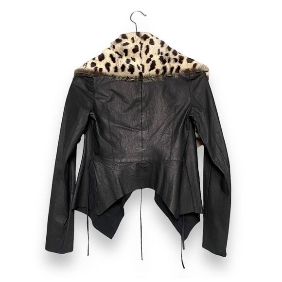 Y2k illia Cropped Black Leather Jacket Leopard Print Rabbit Fur Collar Sz 4/XS - Picture 2 of 12